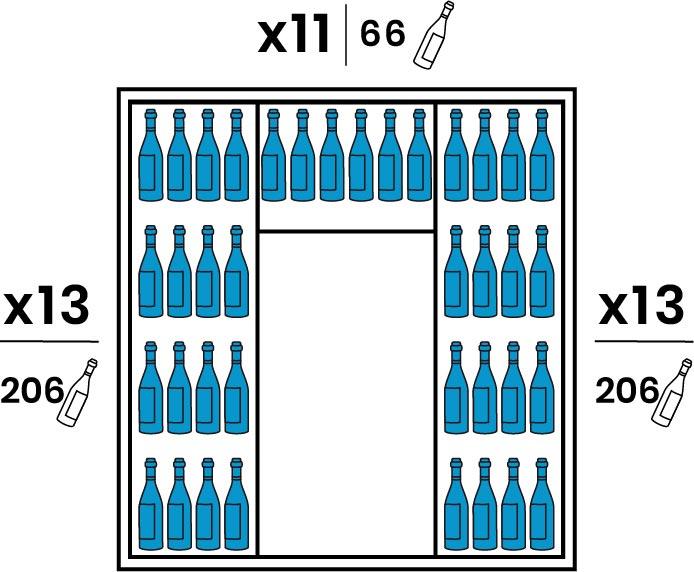 Chaque coté est équipé de 13 grandes clayettes inox. Le Fond est équipé de 11 petites clayettes inox. Capacité 478 bouteilles