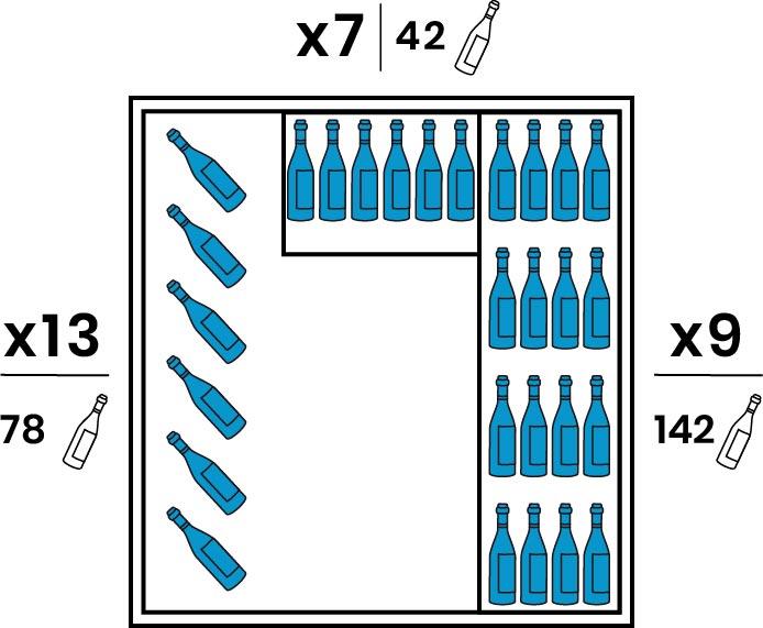 Un coté est équipé de 6 supports suspendus chromés de 13 bouteilles. L'autre coté est équipé de 9 grandes clayettes bois. Le Fond est équipé de 7 petites clayettes bois. Teinte du bois identique à la finition extérieure. Capacité 262 bouteilles