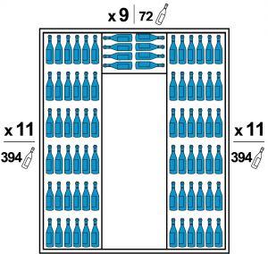 Chaque coté est équipé de 11 grandes clayettes bois. Le Fond est équipé de 9 petites clayettes bois. La teinte du bois est identique à la finition extérieure. Capacité 860 bouteilles