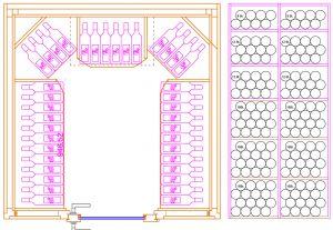 L’agencement intérieur est réalisé en sapin avec des étagères tous les 3 ou 4 niveaux de bouteilles, ce qui permet de stocker 830 bouteilles de bordeaux ou 490 bouteilles de bourgogne 