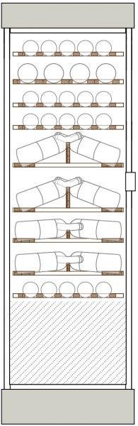 Clayettes bois de haut en bas : Magnums et bouteilles 75cl horizontaux parallèles aux portes sur 1 et 2 niveaux, puis bouteilles 75cl, double profondeur, en présentation inclinée sur 3 niveaux, puis perpendiculaire aux portes sur 3 niveaux.