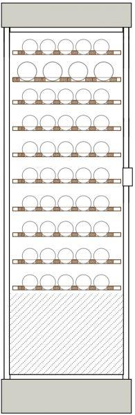 Clayettes bois de haut en bas : Magnums sur 1 niveau et bouteilles 75cl horizontaux parallèles aux portes sur 9 niveaux.