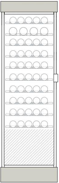 Clayettes inox de haut en bas : Magnums sur 1 niveau et bouteilles 75cl horizontaux parallèles aux portes sur 9 niveaux.