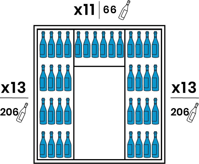 Chaque coté est équipé de 13 grandes clayettes bois. Le Fond est équipé de 11 petites clayettes bois. La teinte du bois est identique à la finition extérieure. Capacité 478 bouteilles