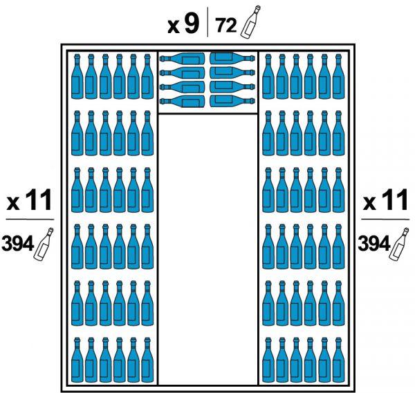 Chaque coté est équipé de 11 grandes clayettes bois. Le Fond est équipé de 9 petites clayettes bois. La teinte du bois est identique à la finition extérieure. Capacité 860 bouteilles