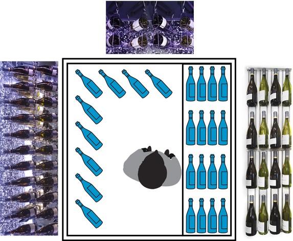 Le coté gauche et le fond sont équipés de supports de bouteilles chromés suspendus. Le coté droit est équipé de clayettes horizontales en bois, plexiglas ou inox.